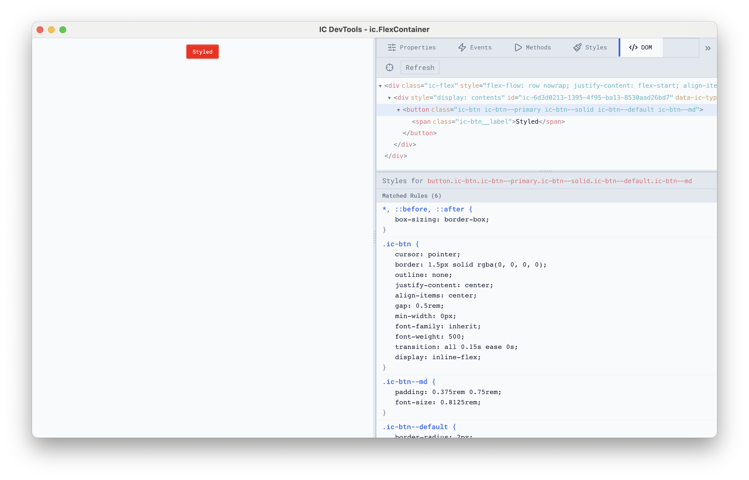 Developer Tools inspecting the DOM tab of a FlexContainer with a Button