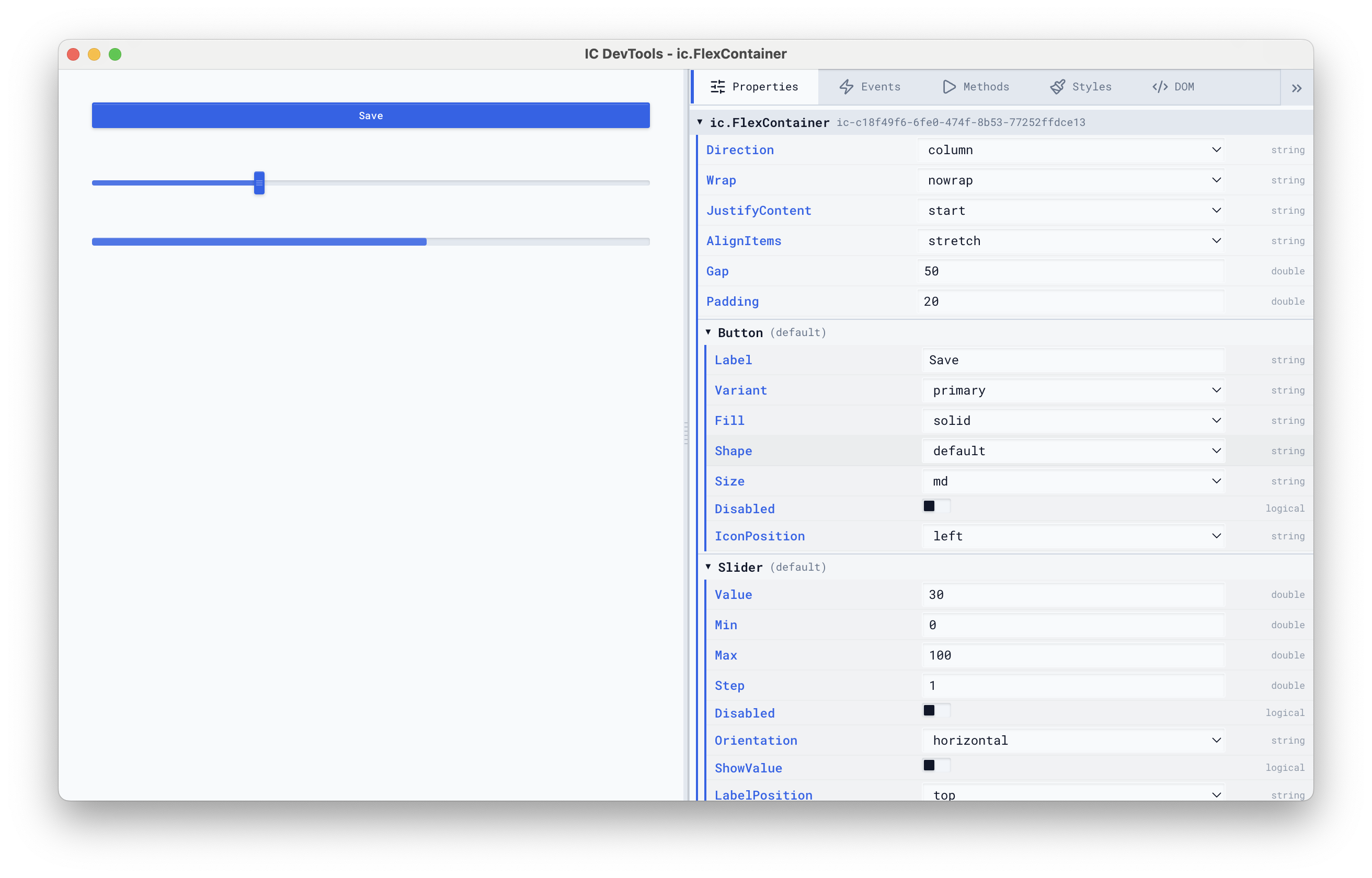 Developer Tools inspecting a FlexContainer with multiple children