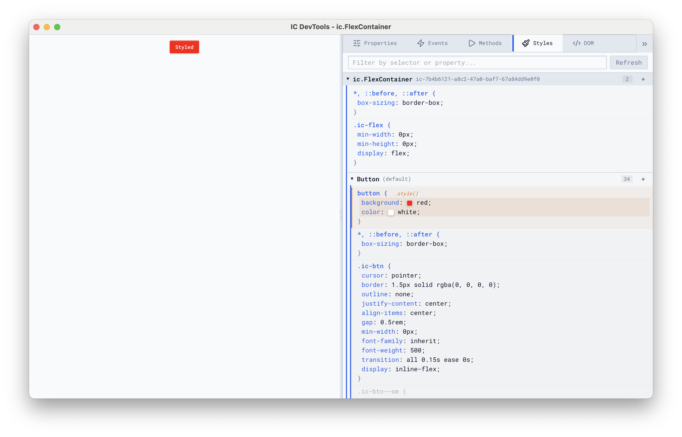Developer Tools inspecting the Style tab of a FlexContainer with a Button